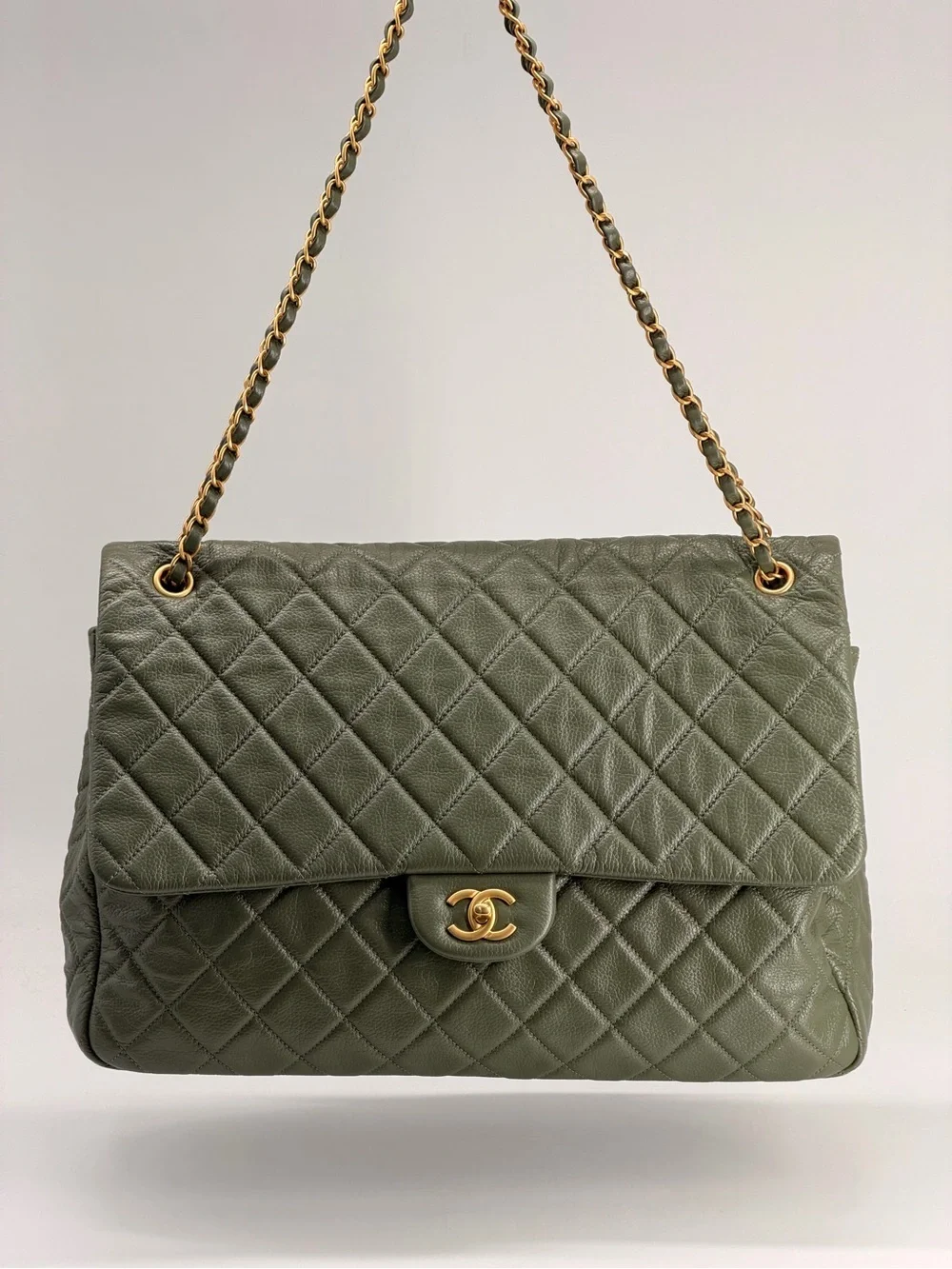 Chanel XXL Travel Classic Flap Bag Khaki Grained Calfskin Leather